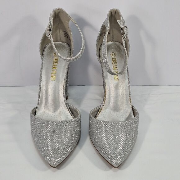Dream Pairs COCO Silver Glitter Pointed Toe Block Heel Ankle Strap Pumps 8.5 - Picture 2 of 9